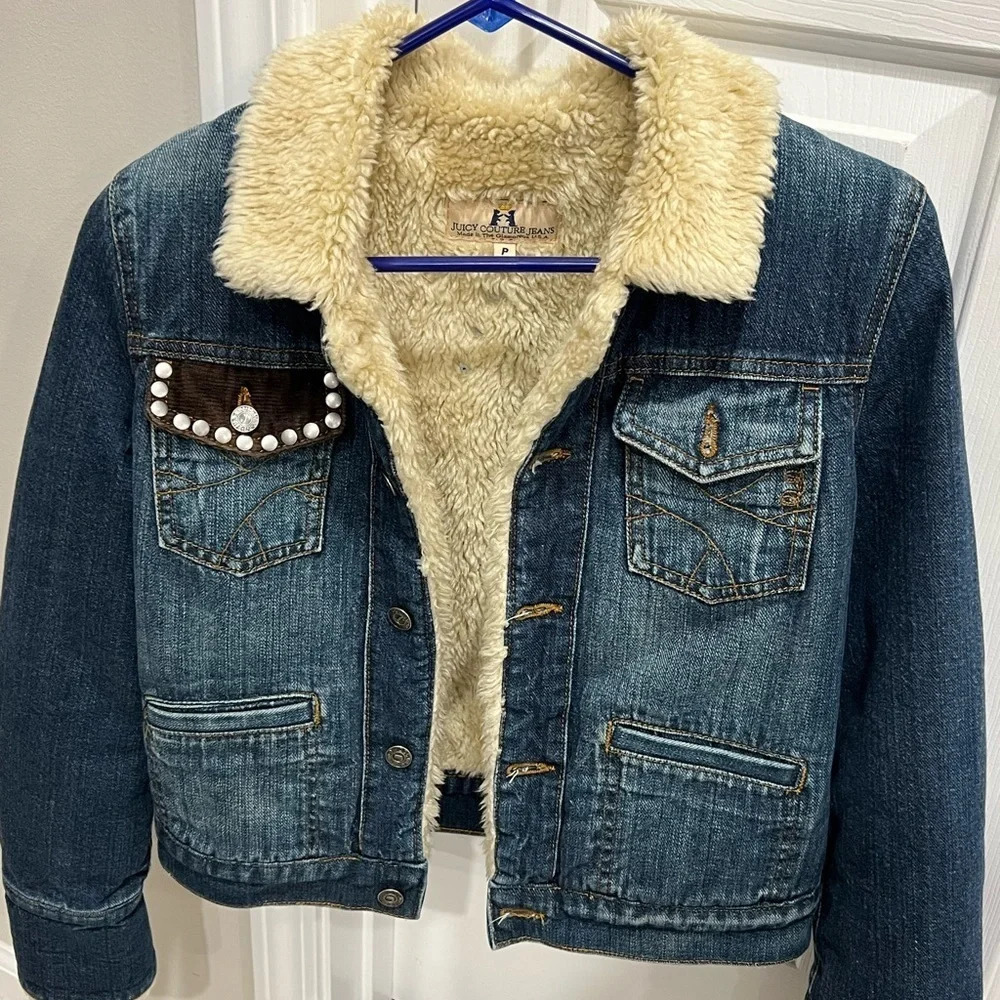 Juicy Couture vintage Faux Fur Lined Sherpa Jean Jacket With Embellishments.